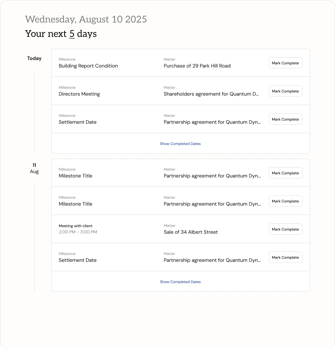 Calendar view showing upcoming deadlines and milestones