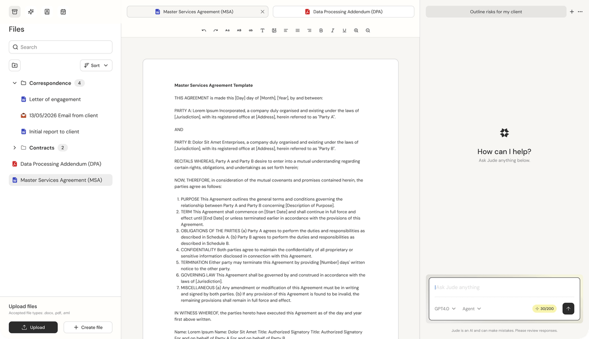 Jude workspace showing matter files, document drafting, and AI assistance